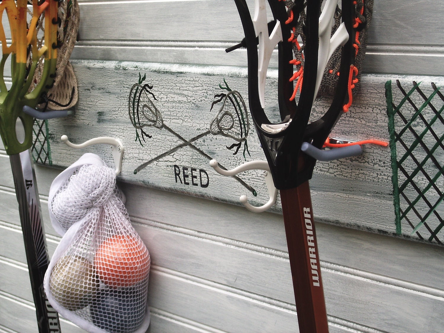Lacrosse Sport Stick Hanger Name Lax Jersey Number Team Colors Personalized Custom Wall Rack MTO Athletic School Colors