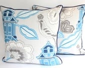 Designer Pillow Covers with Piping, Blue and Grey Linen, Asian Design, Two 20x20 Pillow Covers