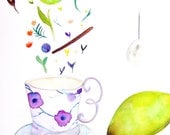 Original Watercolor Painting Cup Leaves Lemon Flowers Tea Contemporary Art Kitchen Home Decor Grey Yellow Green Drawing Lemon Painting Art