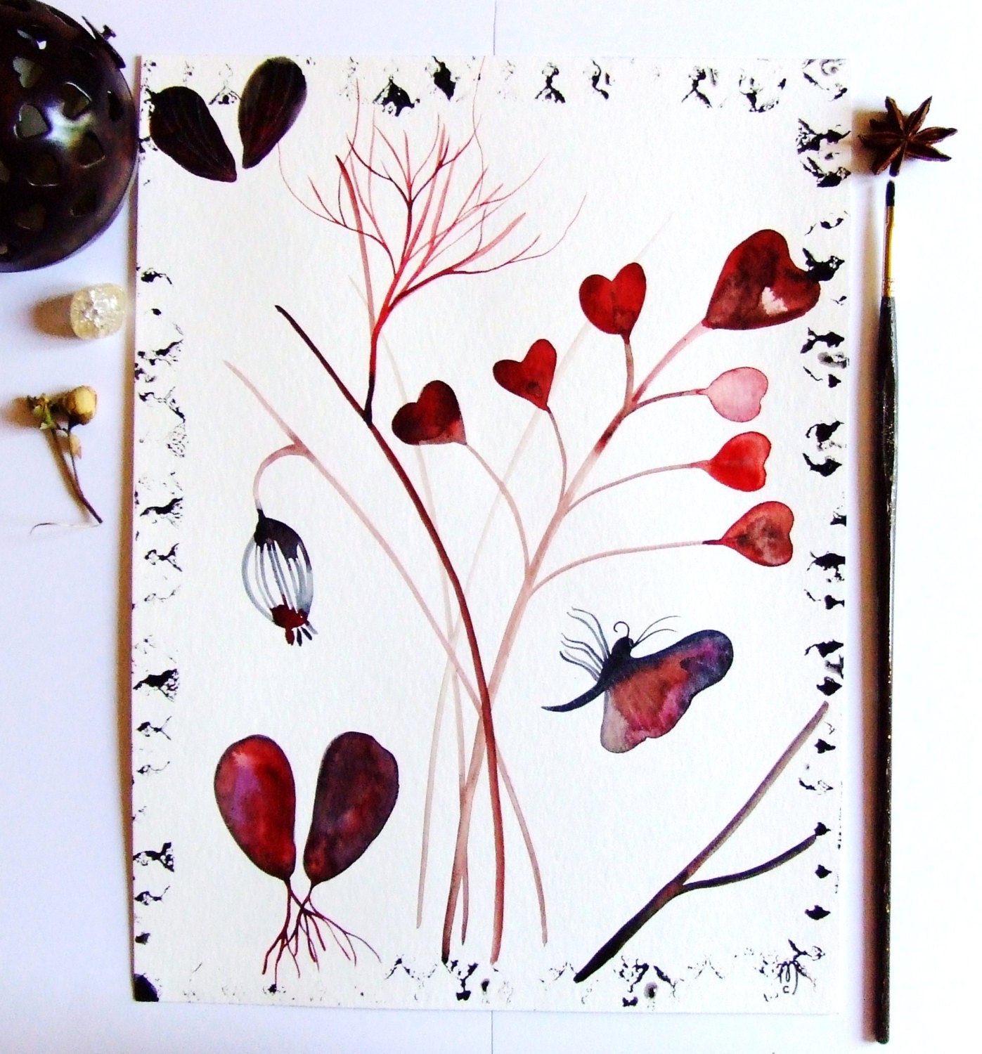 Plants Original Watercolor Painting Botanical Butterfly Art Plants Drawing Still Life Contemporary Art Plants Decor Red Plants Drawing Art