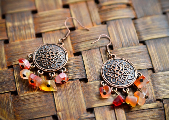 Ethnic Orange Red Carnelian Chandelier Earrings - Disk Earrings - Fall Colors Jewelry - PocketsOfArt