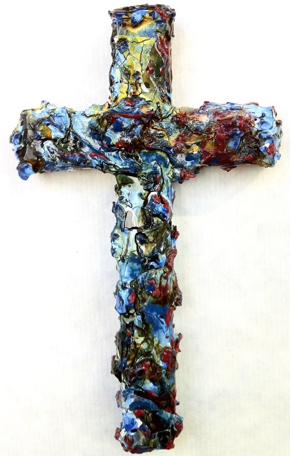 wood and plaster cross painted wall sculpture by kimberliedykeman