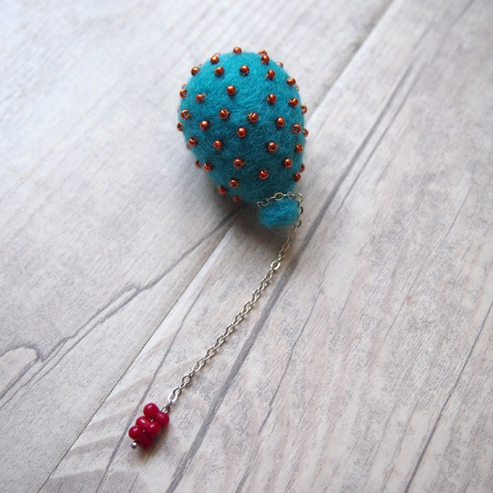 Balloon brooch. Pin. Needle felted balloon brooch in Bondi blue, orange pumpkin metallic beads, red coral beads hangs at the bottom. B1