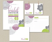 Printable Bridal Shower Invitation Party Pack - Pretty Modern Flower Design in Grey, Mauve & Lime (PP10)