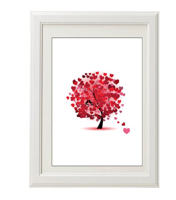 love tree print, amour, 8''x10'', free shipping, home decor, red hearts