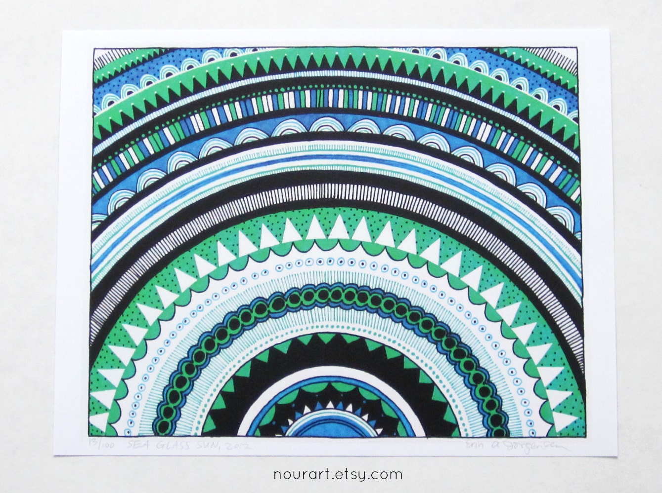 sea glass sun -- art print, 8x10 -- ink drawing, green, blue, ocean, sea, geometric art, celestial mandala, sun, star, turquoise, gift