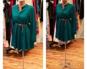 1980s Printed Plaid Pleated Mini Babydoll Shirt Dress Button Down Shift Day Dress