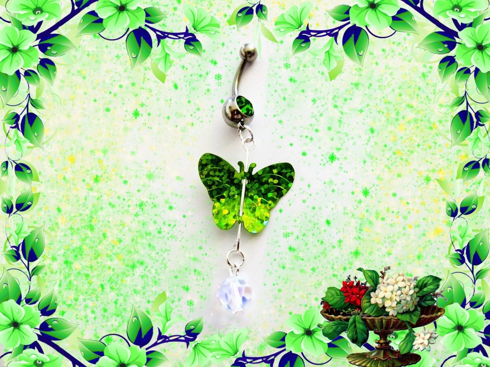 SALE-Belly Ring, Glitter Luscious Green Green Butterfly and Dangling Swarovski Crystal Belly Button Navel Ring, for her