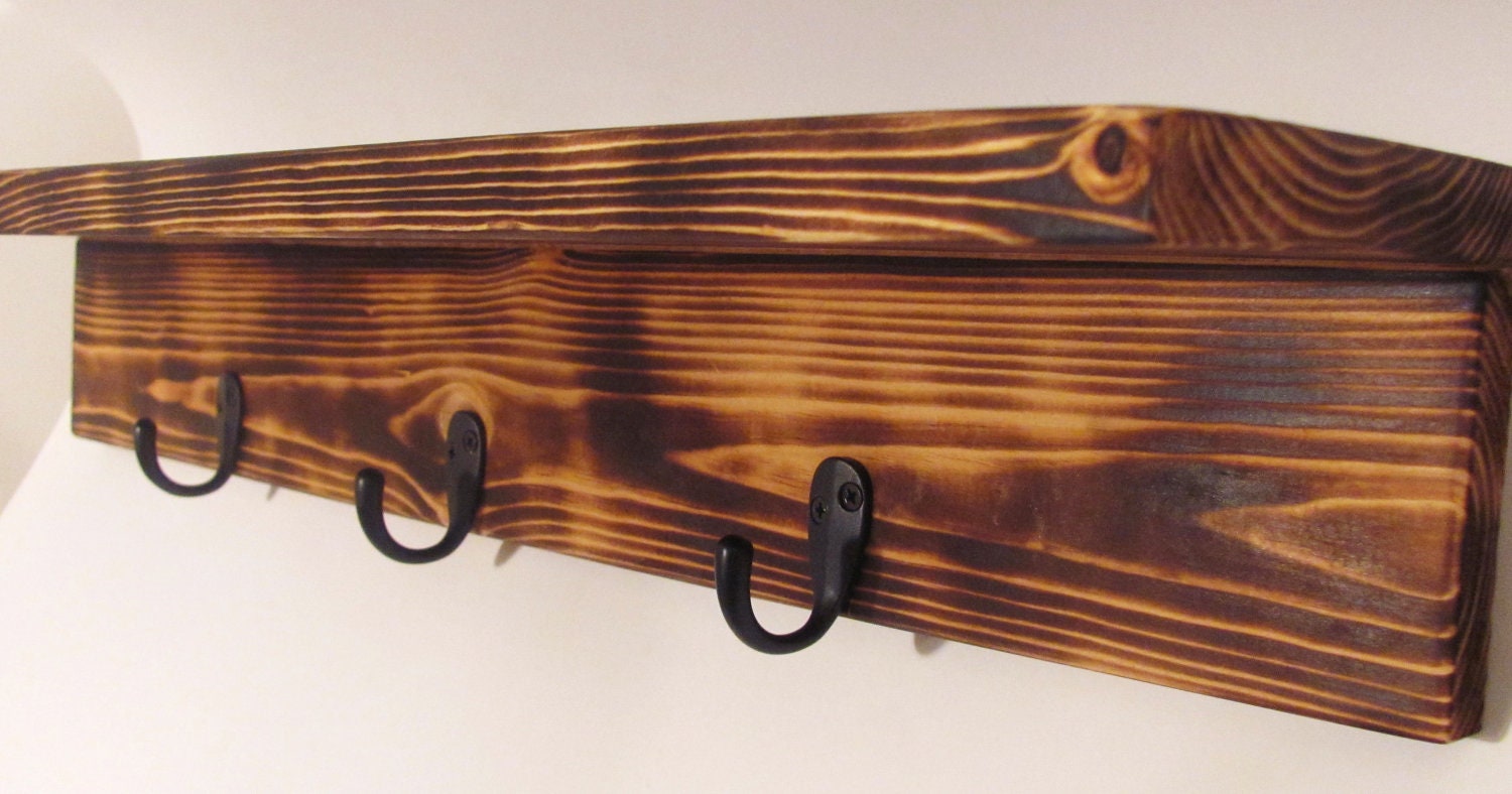 OOAK Hanging Reclaimed Antique Rustic Primitive Style Coat or Key Shelf Hanger Holder Natural Burnt Colored Dark Bronze Finish Hooks