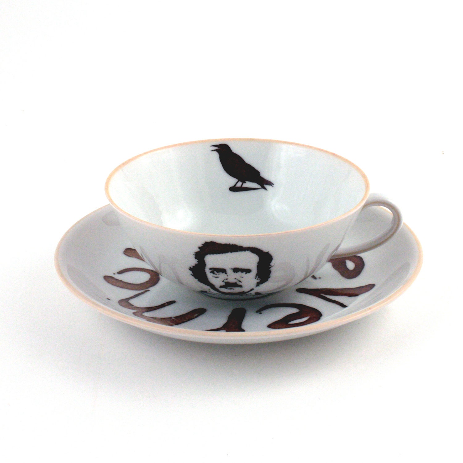 Altered Edgar Allan PoeTea or Coffee Cup with Saucer Vintage Porcelain The Raven Nevermore Poem White Brown Literature