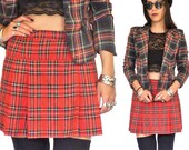 90s Grunge Punk Tartan Plaid Skirt - Red Preppy Schoolgirl Mini Skirt - High Waist Box Pleat School Skirt - Short Winter Skirt