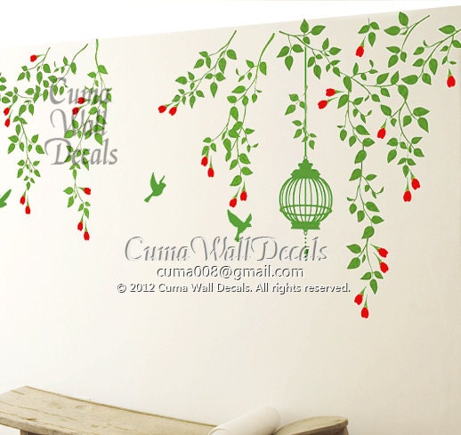 green Tree wall decals branch wall decal vinyl vine sticker birdcage birds wall decor mural - tree  flowers birdcage and birds Z120 cuma