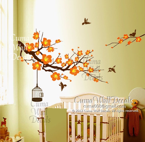 Nursery wall decal flowers birds birdcage wall sticker nature wall mural children office decal -Z157 by cuma