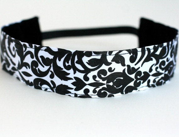 Black & White Damask Non-Slip Headband - 1.5"