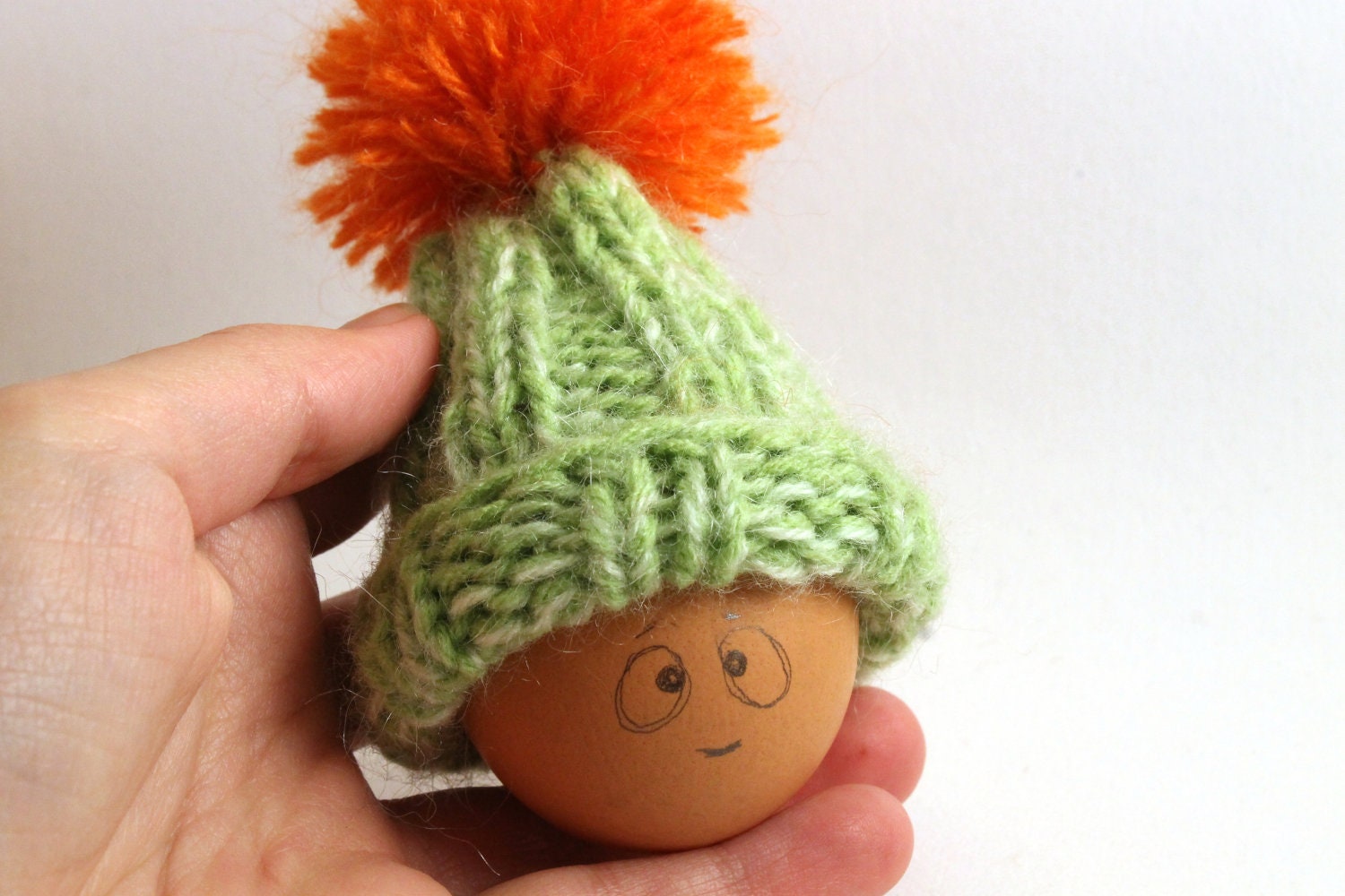Egg warmer hat - Knitted green and orange Easter egg cozy - Spring holiday gift - pom pom hat