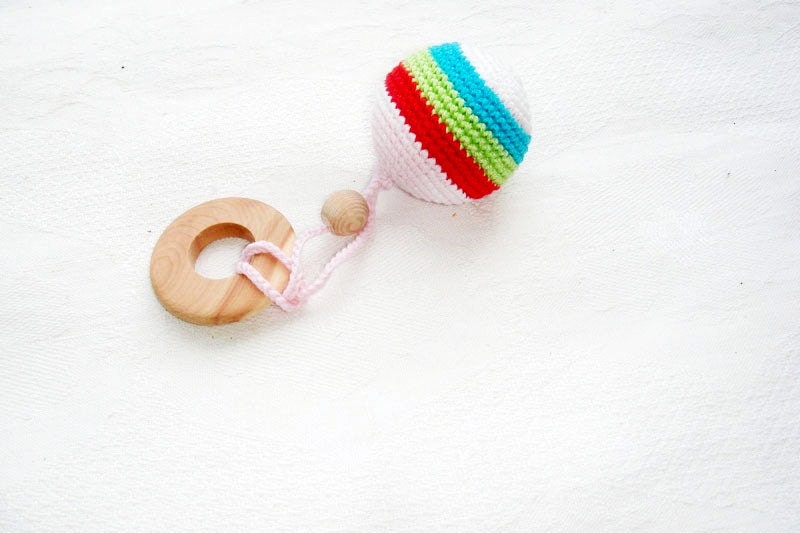 Rattle Teething ring Rainbow ball Crochet toy Waldorf Babywearing