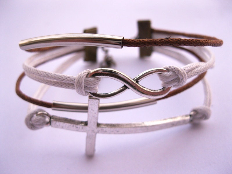 Bracelet-antique silver infinity bracelet,cross Bracelet,wax cords bracelet