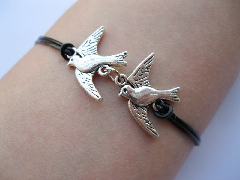 Bracelet-antique silver birds bracelet,birds real leather bracelet