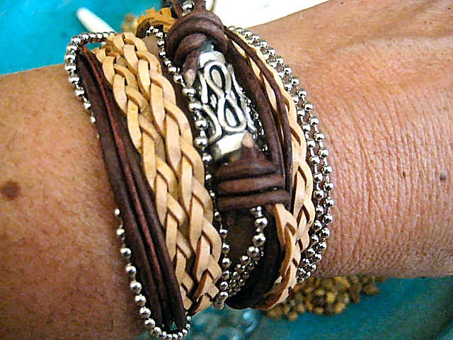 Boho Natural Leather Wrap Bracelet with Silver Accents... Magnetic Clasp ..."FREE SHIPPING"