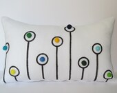 White Linen Pillow Case Dandelion Decorated with Pen Hand Drawing and Colourful Felt Balls 12x20 Inch Home Decor