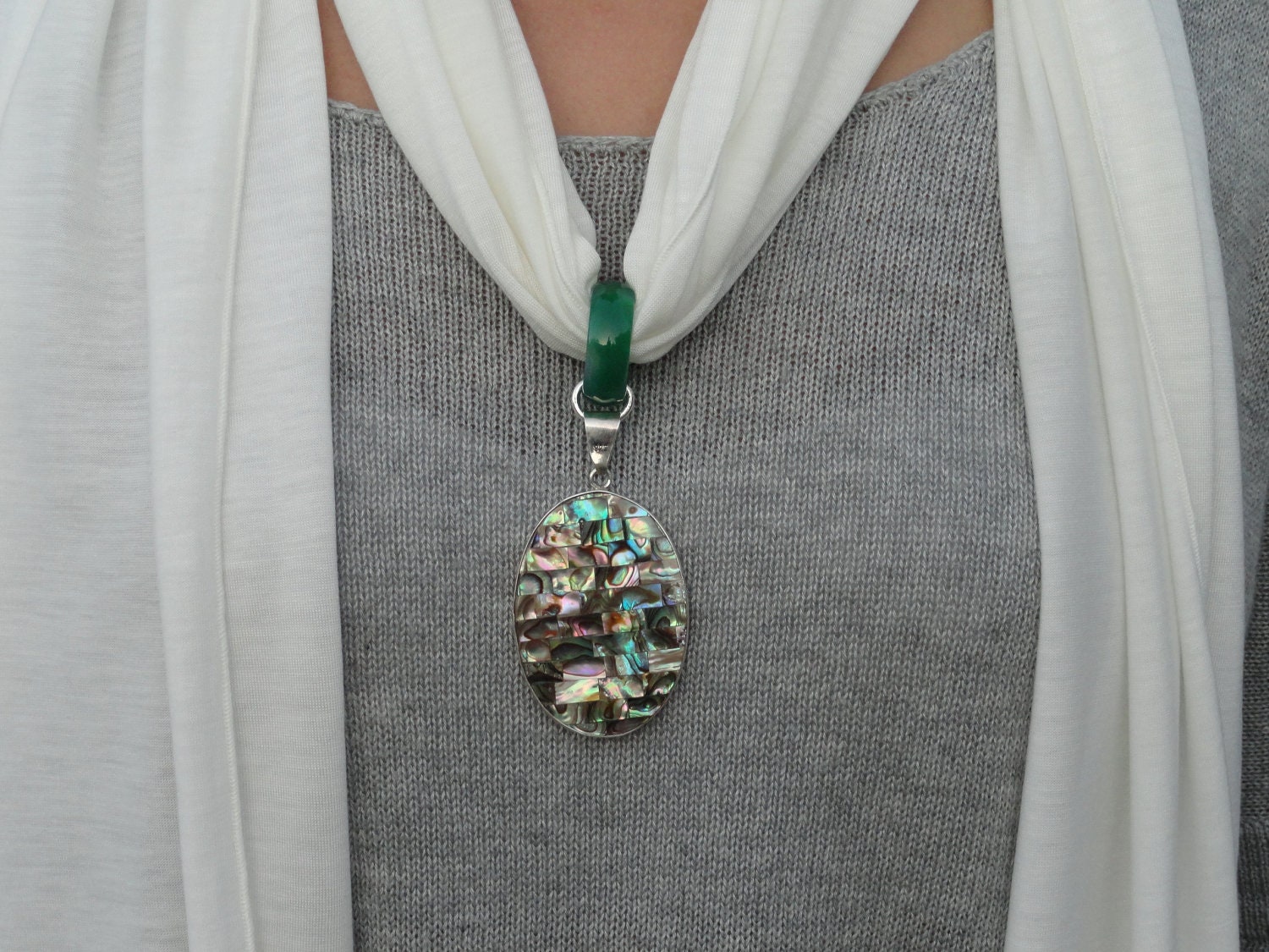 Chakra Healing Shell, Abalone and Agate (Pendant only) scarf not included.