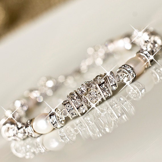 Sterling Silver Rhinestone Freshwater Pearl Bridal Bracelet. Pearl, Crystal, Rhinestone Bracelet. Vintage Style Wedding Jewellery