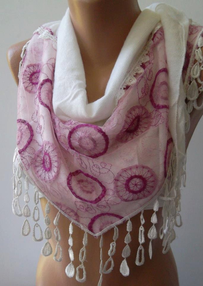 Mothers Day Gift White pink Shawl/ Scarf - Headband with Lace Edge