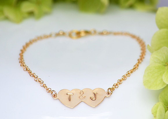 Personalized 14K Gold Filled double heart charms initial bracelet - handstamped sweatheart braidsmaid wedding