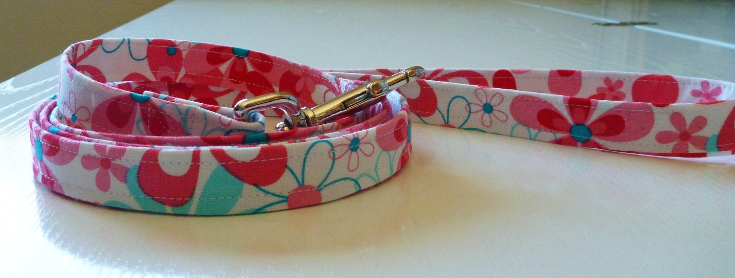 Dog Leash to go with Dog Collar - Pink, Red and Turquoise Floral - Nearby Floral