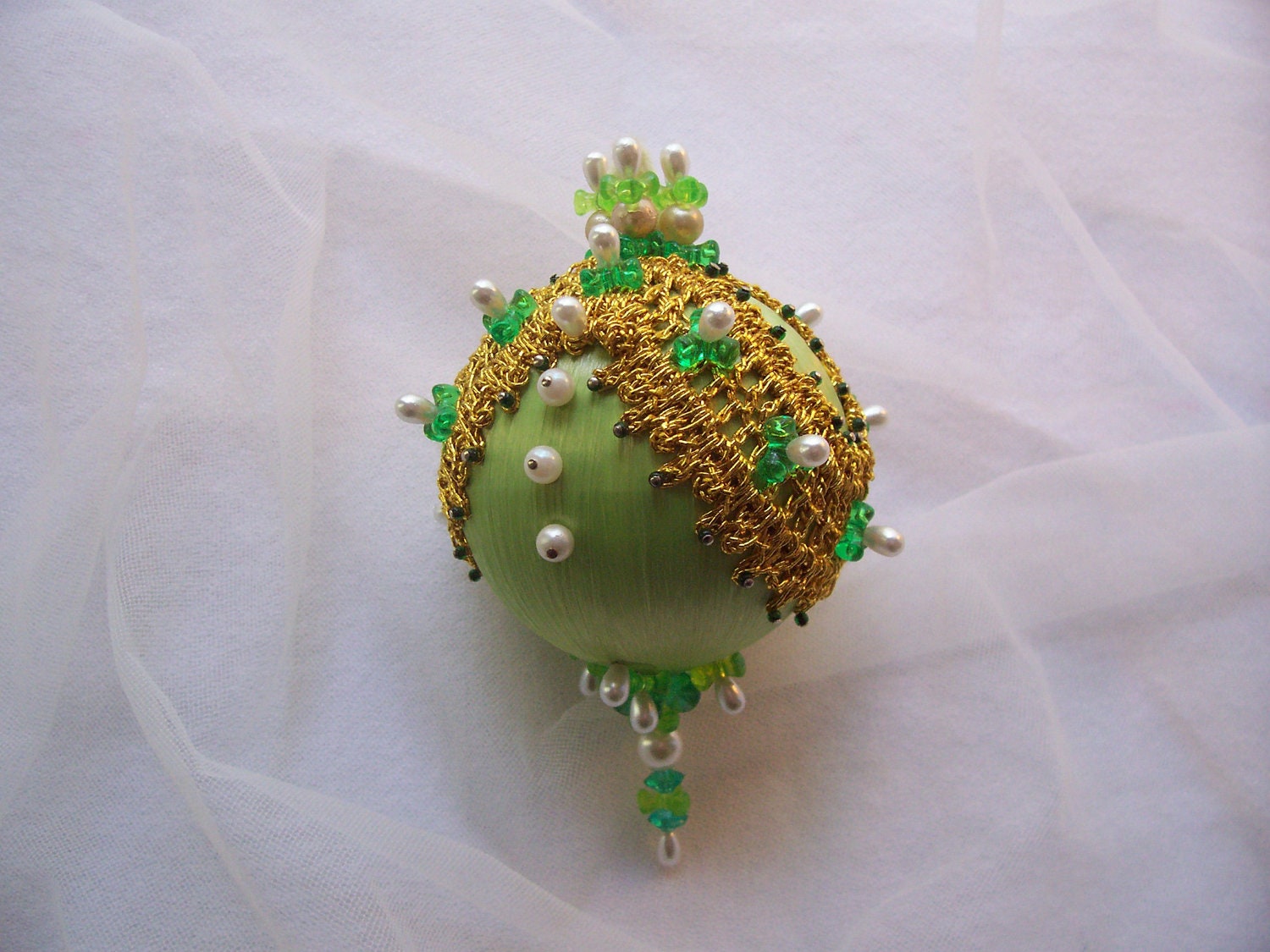 Kiwi Green,Gold braid, Pearls-  Vintage Handmade Beaded Christmas Ornament- satin, sequins, beads and chain