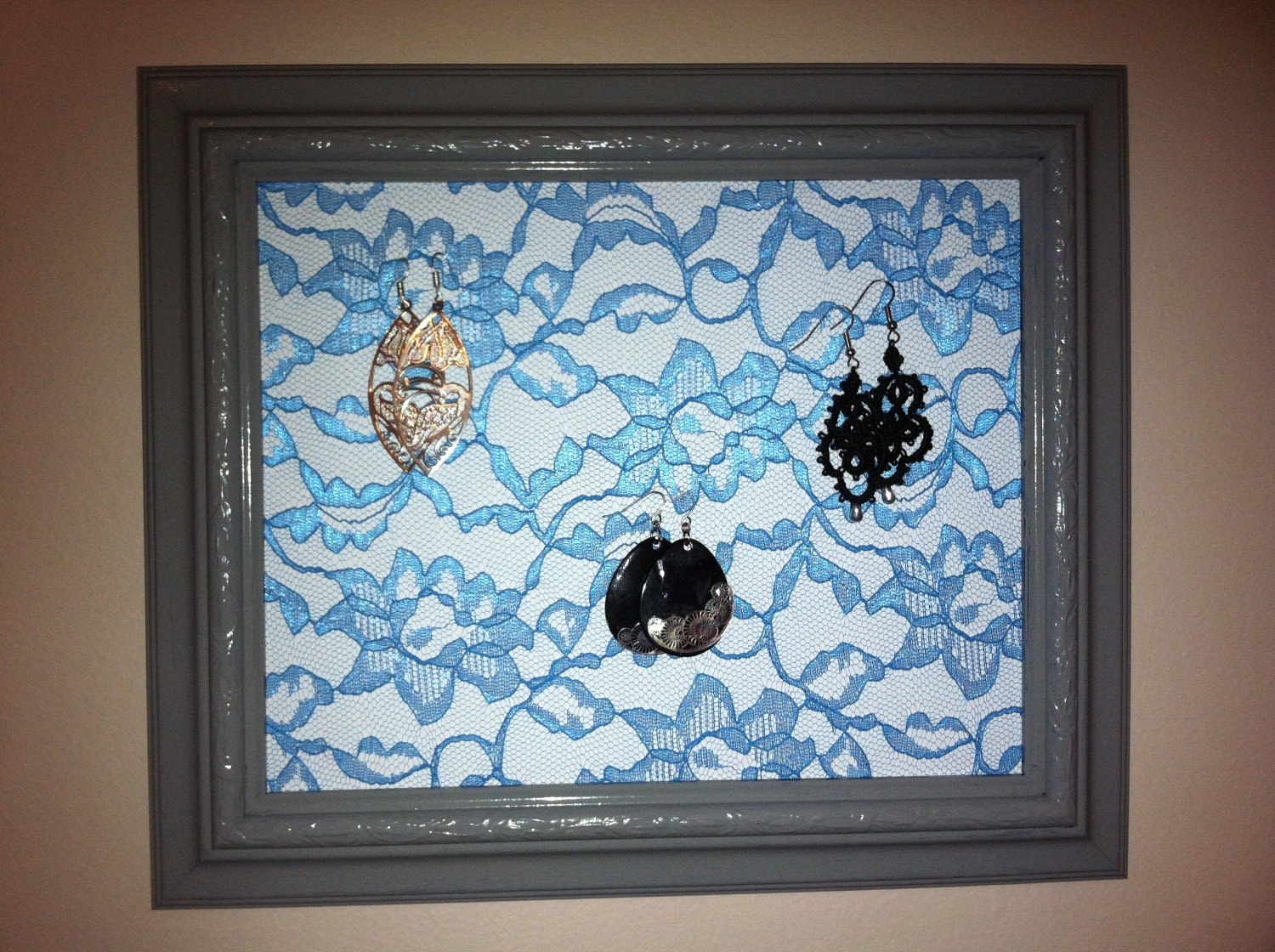 Grey Earring and Jewelry Holder Frame/Display with Lace Shabby Vintage Inspired Floral