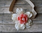 Vintage Style Headband, Coral and Ivory Flower with a large white pearl and sand colored elastic