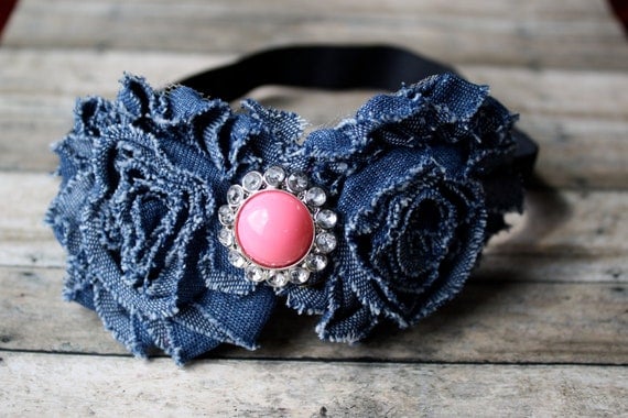 Bubble gum pink and denim headband, perfect for back to school students and kiddos