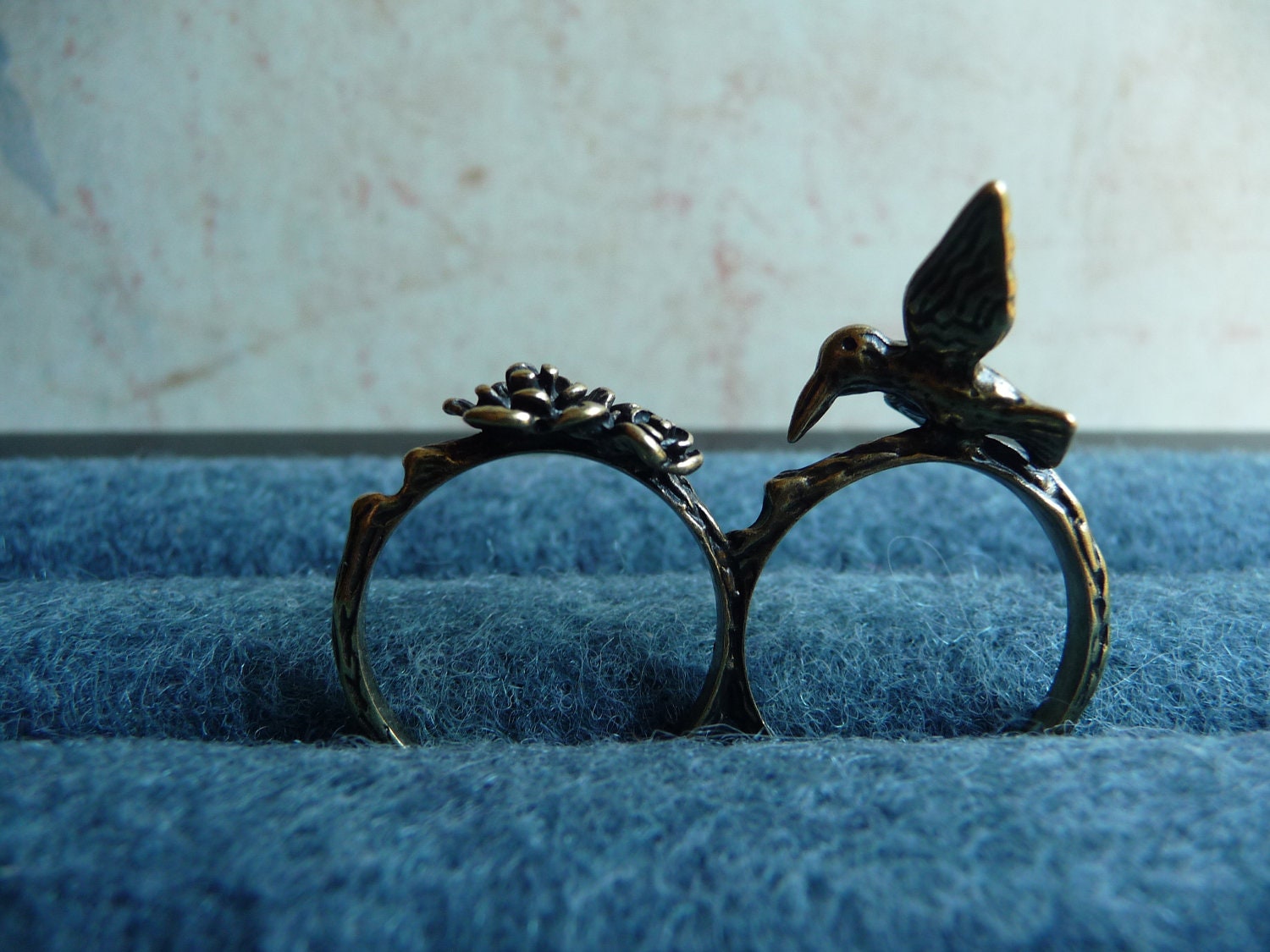 Humming bird and Flower two finger double ring size 8 by vintagerust