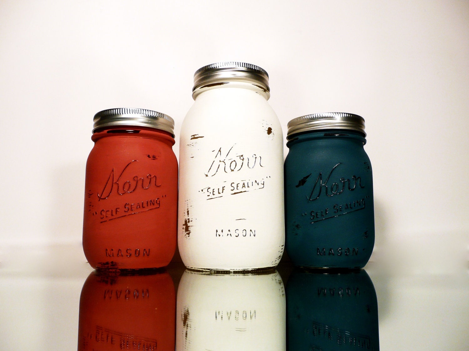 USA Red, White, Blue Painted Mason Jars - Vase - Shabby Chic and Distressed