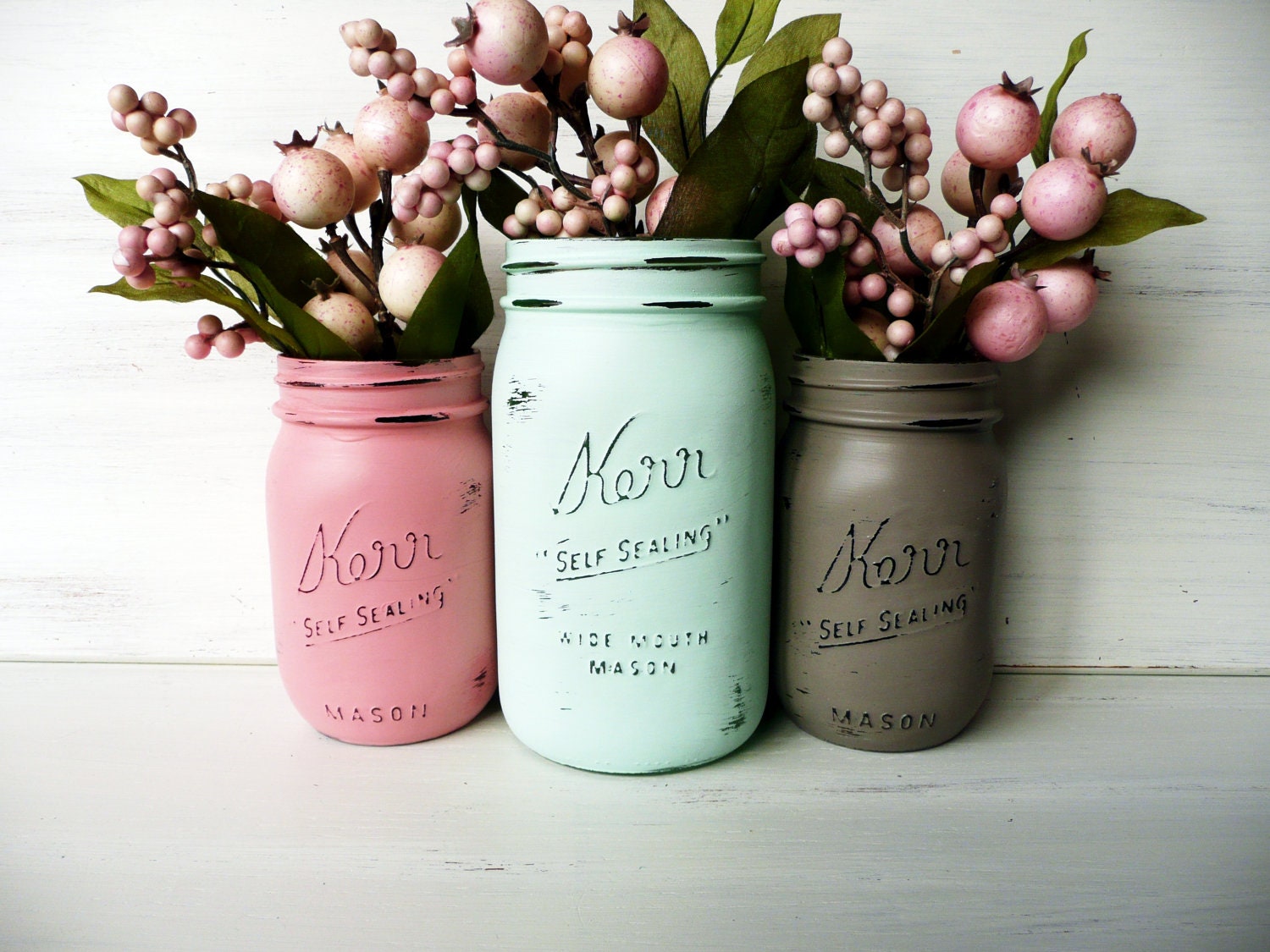 Fair Dinkum - Spring Home and Wedding Decor - Painted and Distressed Mason Jars - Vase - Mint, coral and dark taupe