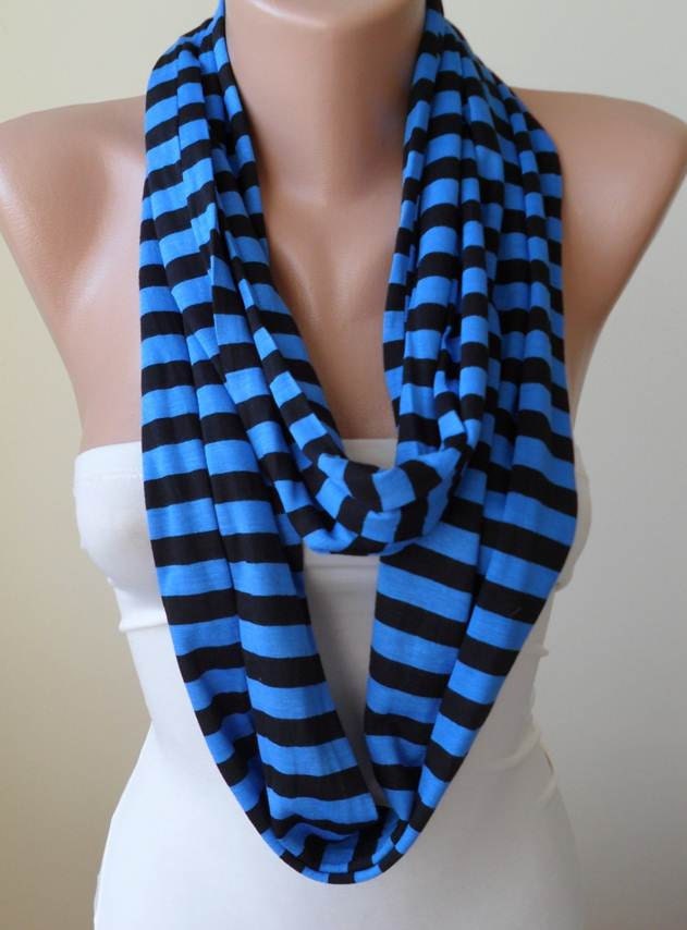New - Blue and Black Striped Infinty - Circle -  Loop Scarf - Combed Cotton Fabric