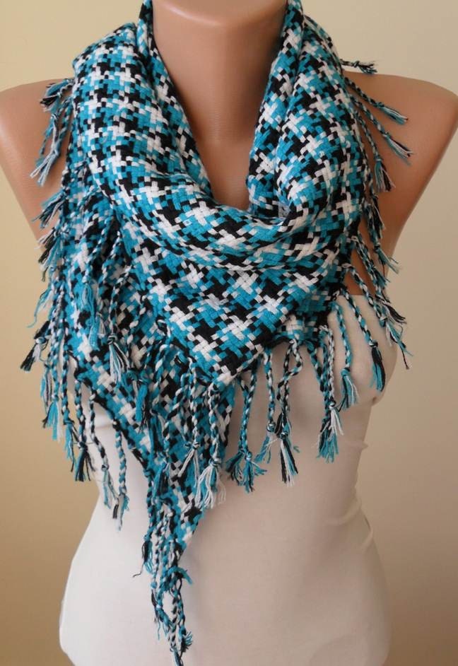 Mother's Day Gift - Turquoise Scarf - Houndstooth Scarf - Thick Cotton Fabric