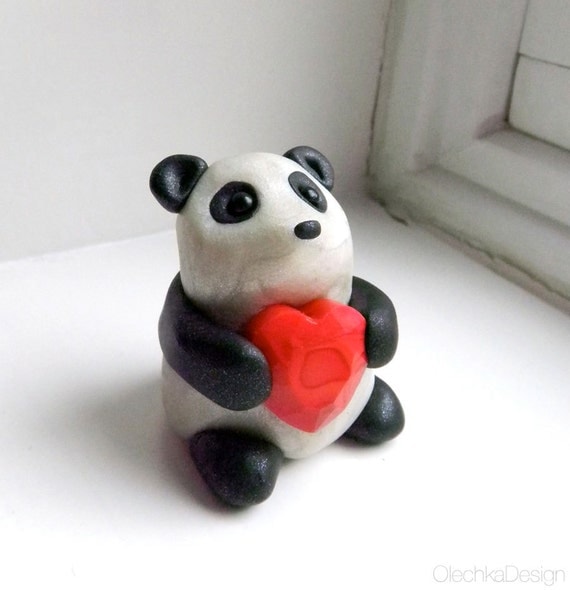 Cute Panda Sculpture with Heart Polymer Clay by OlechkaDesign