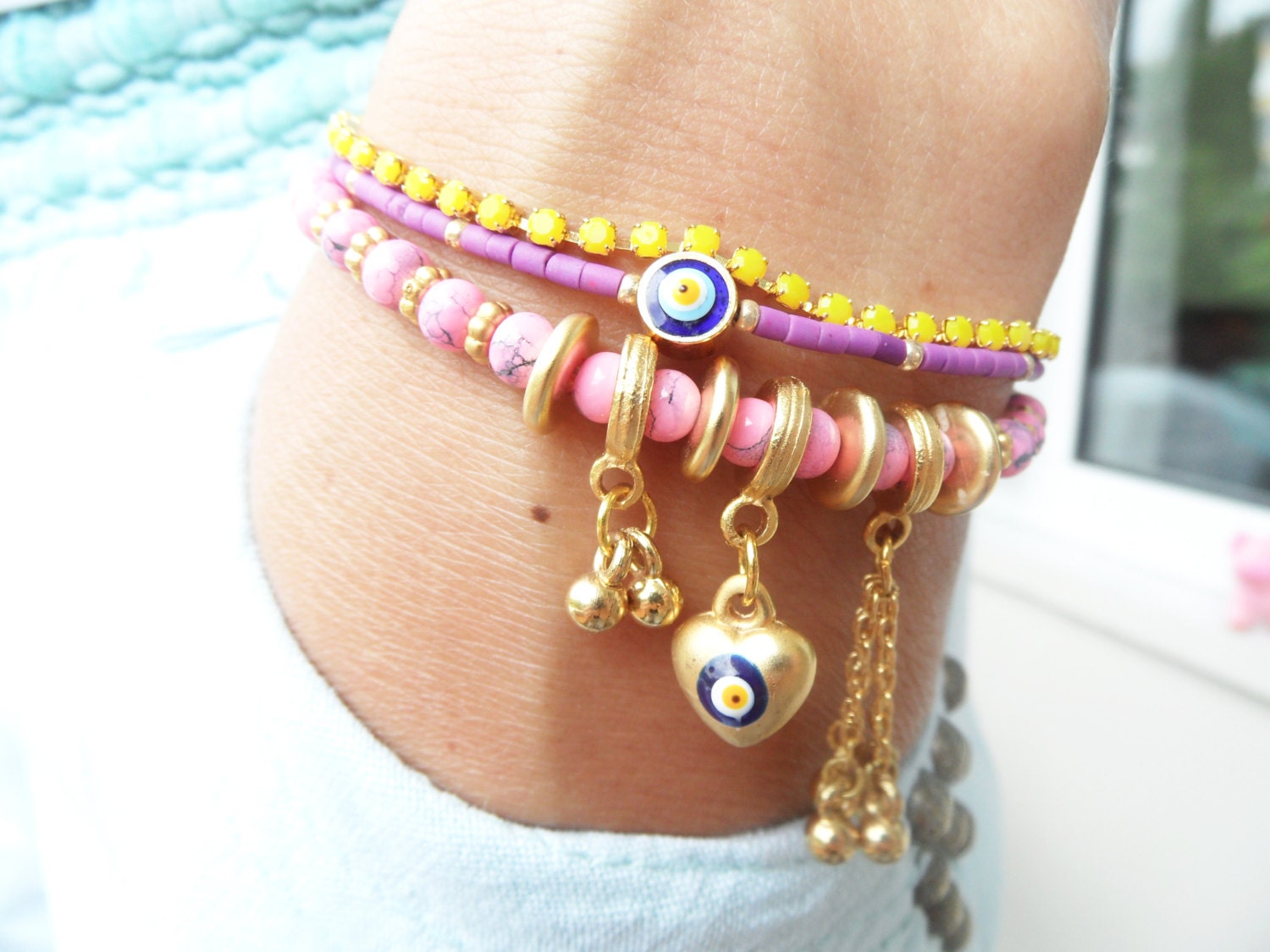 Evil eye ethnic bracelet women mother gift turkish istanbul accessories pendant jewelry purple yellow pink gold