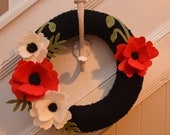 Yarn Wreath - REMEMBRANCE WREATH - 10" Yarn Covered Straw Wreath with Felt Flowers and Felt Accents