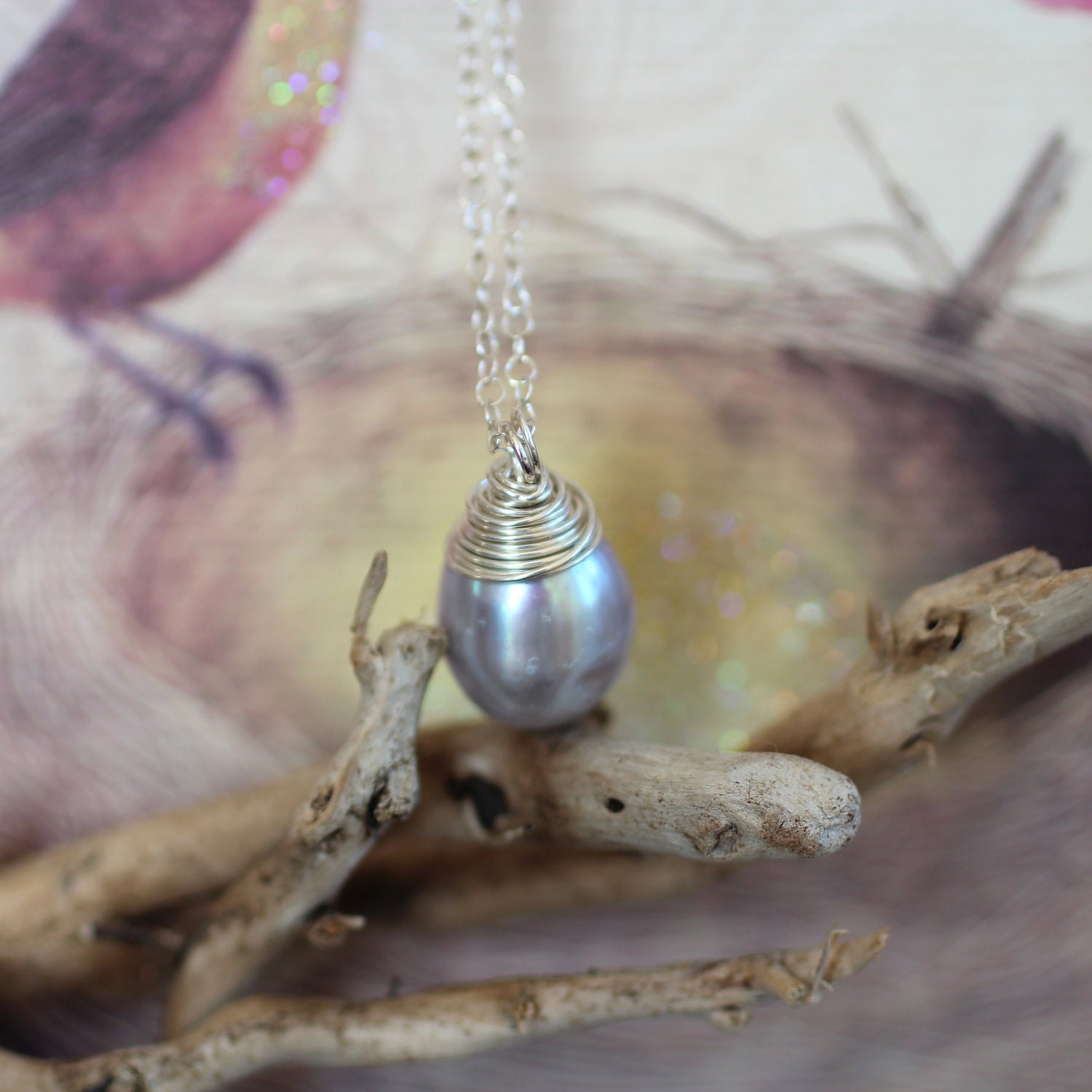 perfect pearl drop necklace.  sterling wire wrapped grey freshwater pearl.  delicate silver chain.  special occasions. bridal.  everyday.