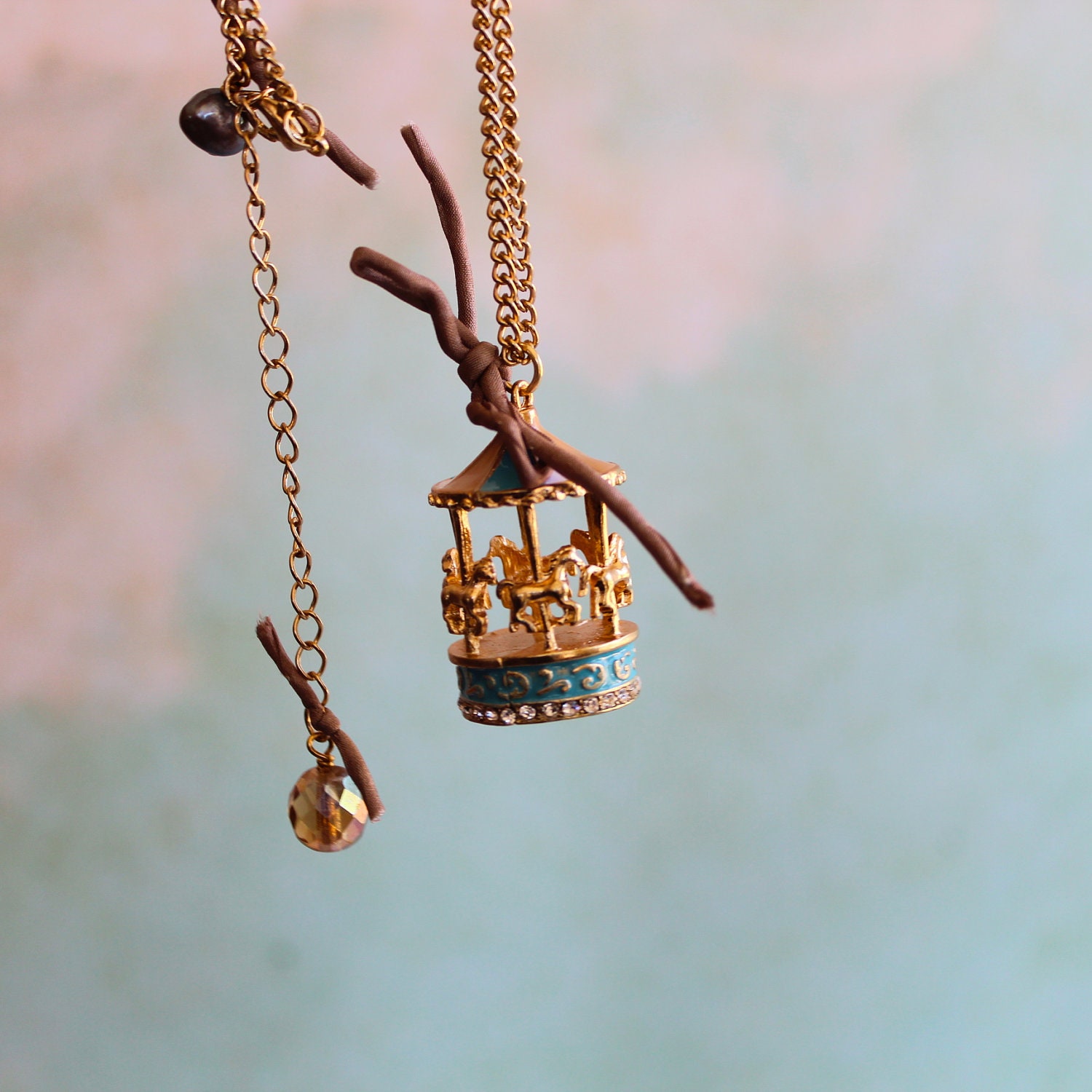 pastel carousel enamel charm pendent.   long necklace.