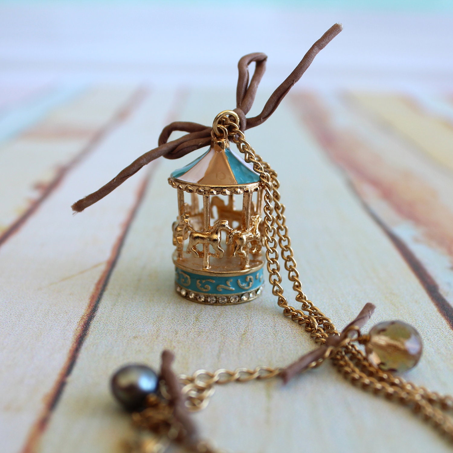 pastel carousel enamel charm pendent.   long necklace.