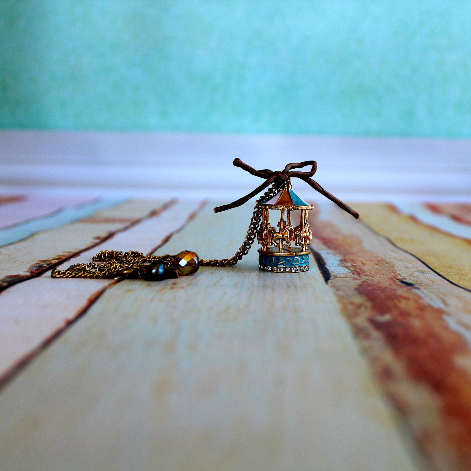 pastel carousel enamel charm pendent.   long necklace.