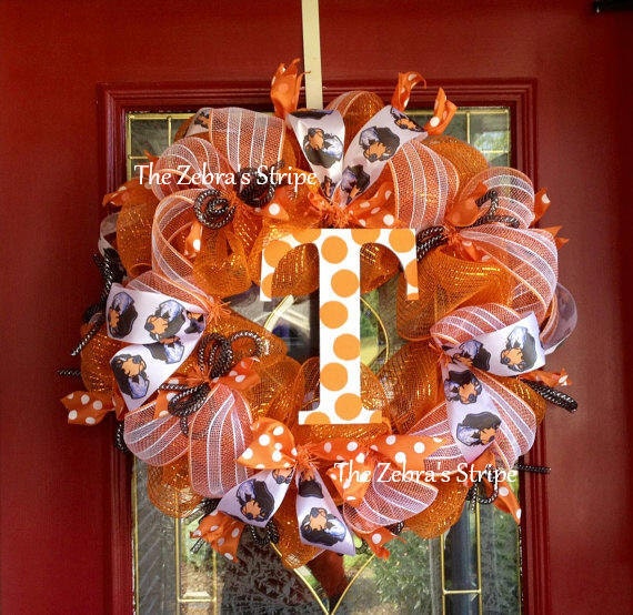 Orange and White Tennessee Football Deco Mesh Wreath Complete with Smokey Ribbon