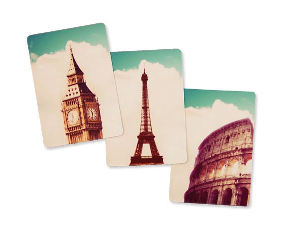 Set of 3 Europe magnets vintage Paris London Rome European refrigerator inexpensive under 10 under 15 housewarming chic Eiffel Tower