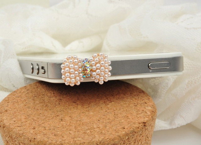 1PCS Handmade Pearl bowknot Alloy plug for iPhone 4 or iphone 4s Mobile beauty accessories
