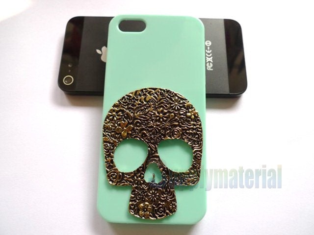 Handmade Retro style Antique copper Skull with Mint green phone case for iPhone 5 cover