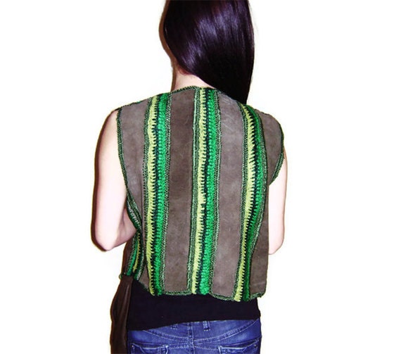 Green Leather Vest, Crochet Vest, Boho vest, Green Jacket, Green, Bohemian, Hippie, OOAK